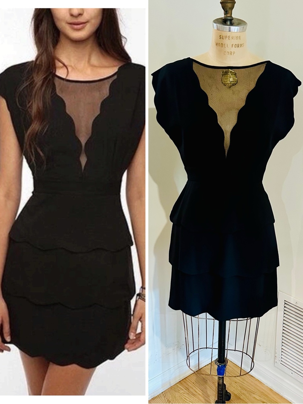 COINCIDENCE & CHANCE Black Scalloped Tiered Mini Dress, Med, NWOT